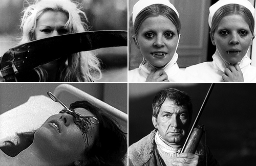Слева направо и сверху вниз: «Очарование» (1979), «Кровавые губы» (1975), «Ночь охоты» (1980), «Гроздья смерти» (1978). Реж. Жан Роллен