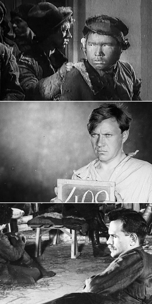 Сверху вниз: Йыван Кырла («Путевка в жизнь», 1931); Борис Чирков («Юность Максима», 1934); Борис Бабочкин («Чапаев», 1934)