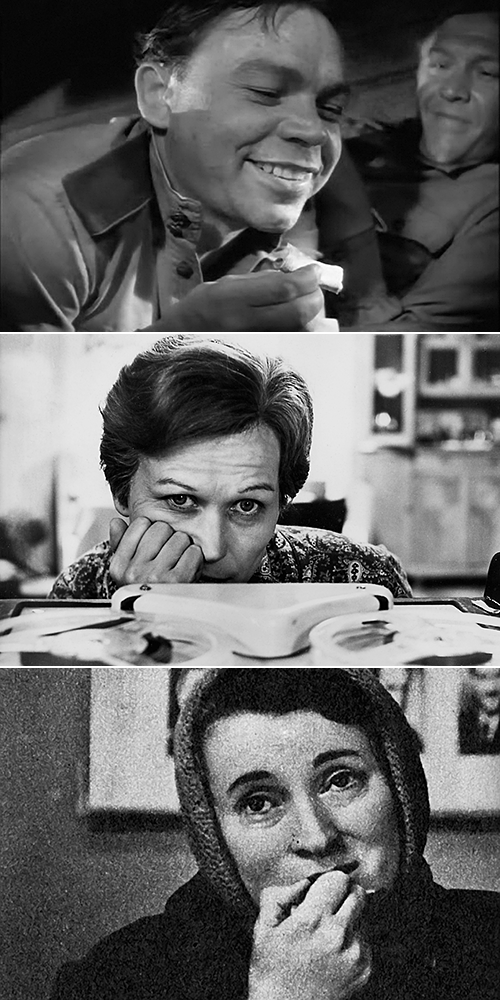 Сверху вниз: Владимир Кашпур («Баллада о солдате», 1959); Майя Булгакова («Крылья», 1966); Любовь Соколова («Доживем до понедельника», 1968)